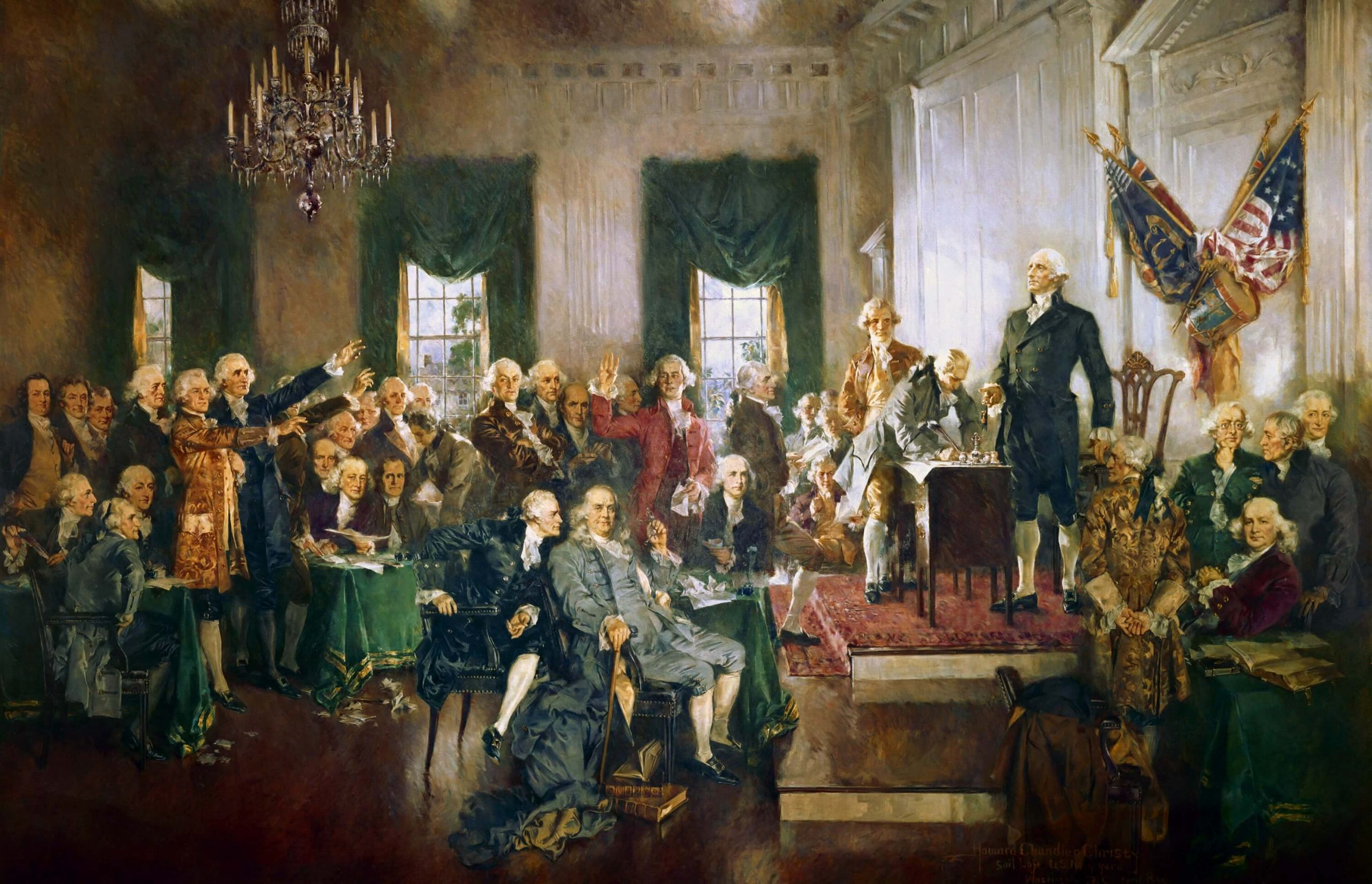 סצנה ממעמד החתימה על חוקת ארצות הברית, ציור שמן מפורסם המתאר סצנה ממעמד מתן החתימות על חוקת ארצות הברית - צויר על ידי האוורד צ'נדלר כריסטי